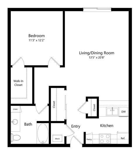 Floor plan for 1 bed, 1 bath, 786 sqft